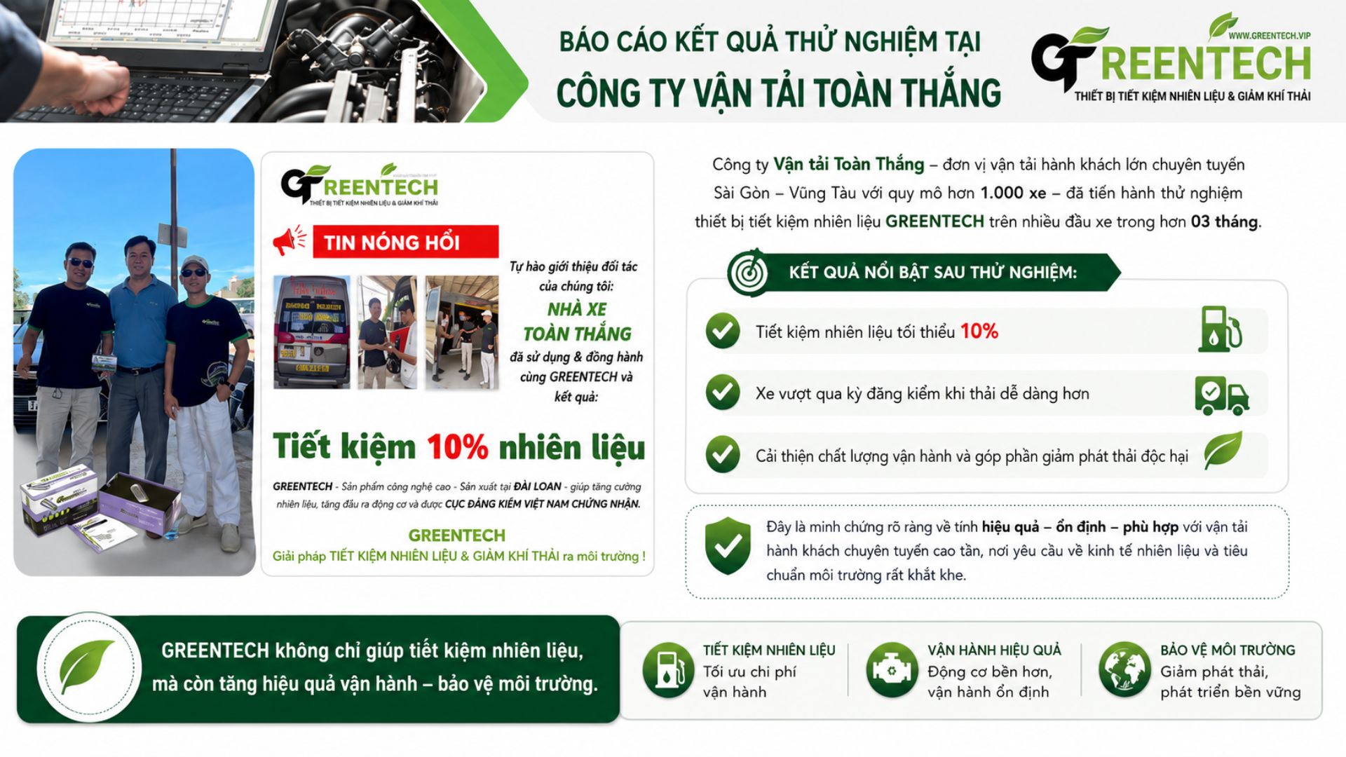 After more than three months of using the GREENTECH system, Toan Thang—which operates the Saigon–Vung Tau route—has achieved fuel savings of at least 10%; importantly, the vehicles also successfully passed their mandatory inspections.