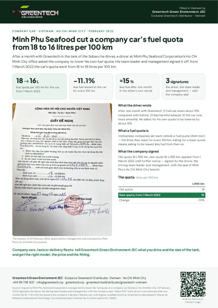 Minh Phu Seafood: company car fuel quota cut from 18 to 16 L/100 km (2022)