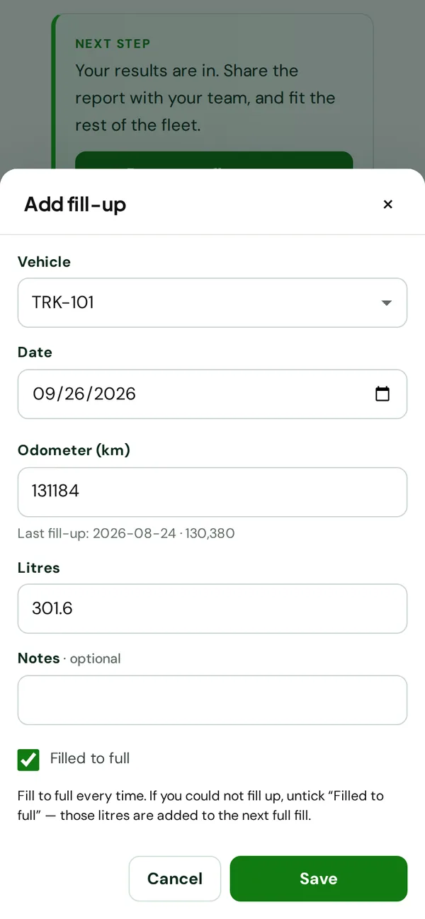 The refuelling entry screen of the Fleet Fuel Log
