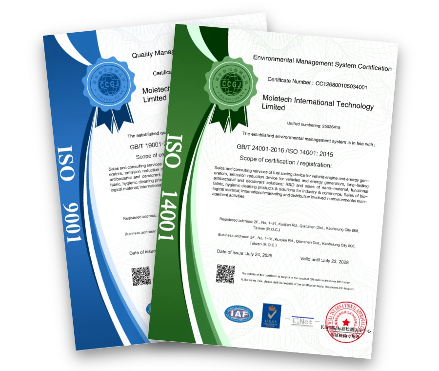 Moletech’s ISO 9001 and ISO 14001 certificates