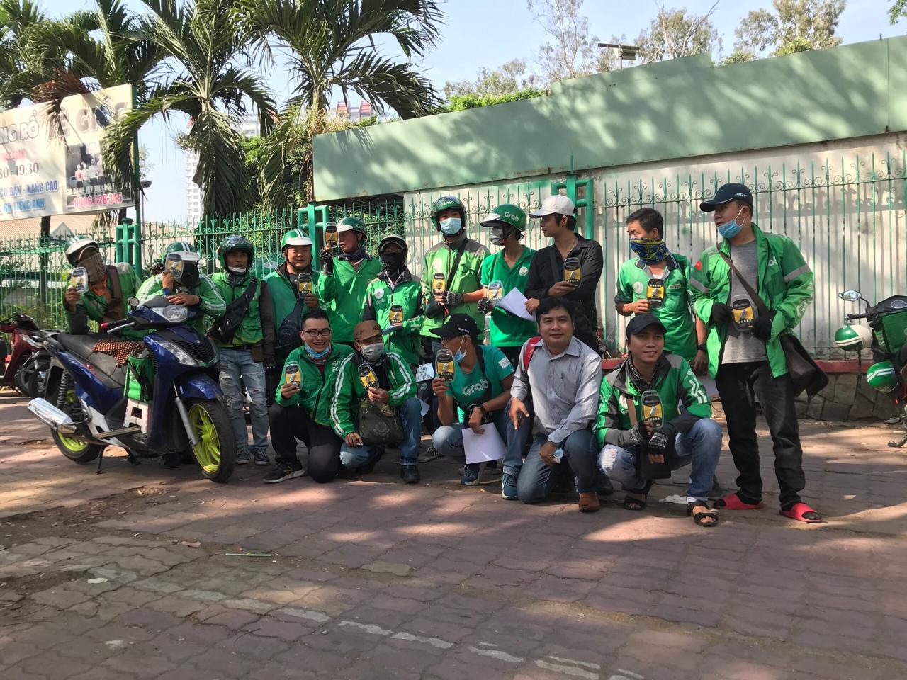 Grab drivers in Ho Chi Minh City with their Greentech units. In the 2020 test, 20 motorcycles used 9.5% less fuel on average